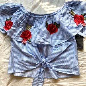 -White and sky blue stripped off the shoulder top